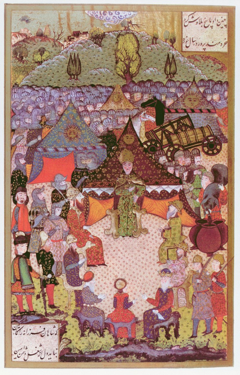 O rei da Hungria, Lajos II (1506-26) em conselho antes da batalha de Mohacs em 1526, 1558 (tinta e folha de ouro em velino) de Ali Amir Beg