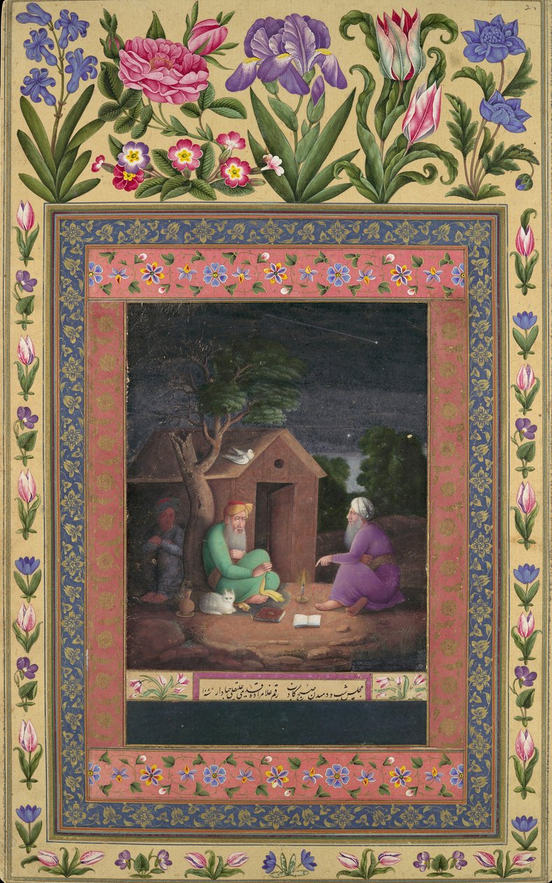 Dois Velhos em Discussão Fora de uma Cabana, Folio do Álbum Davis, A.H.1085A.D.1674-75. de Ali Quli Jabbadar