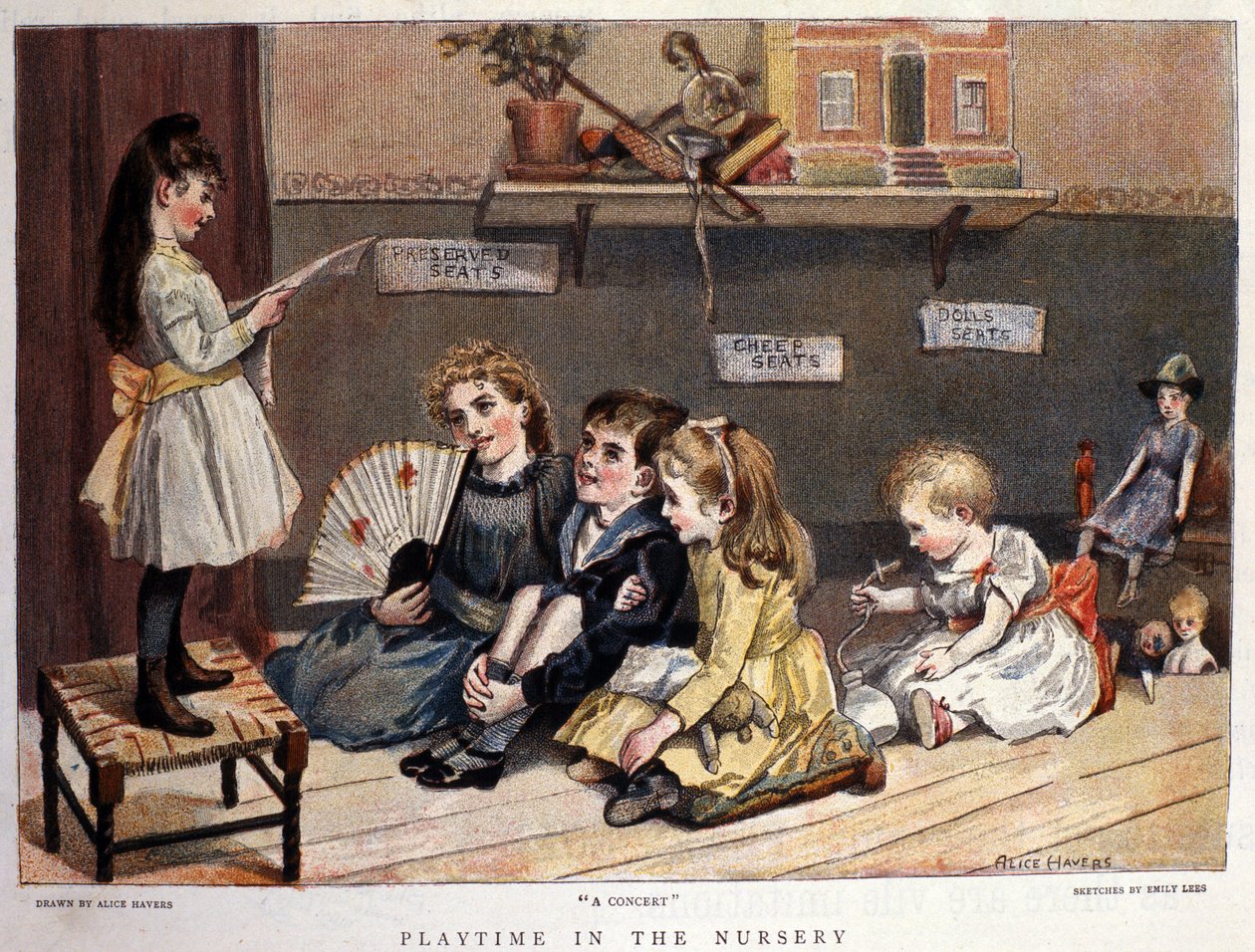 Jogos de crianças: "O concerto" Uma menina canta em frente a uma plateia de crianças e brinquedos. Desenho de Alice Havers. 1877 de Alice Havers