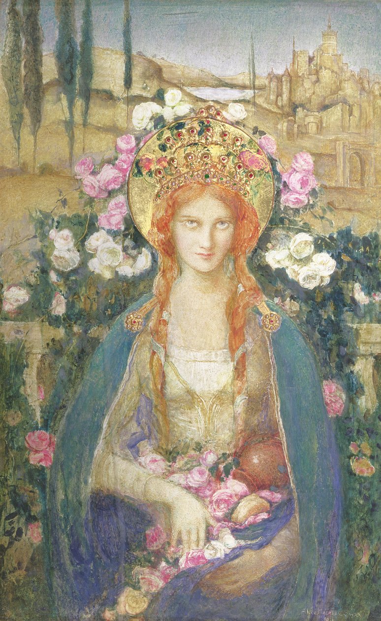 Santa Isabel da Hungria, 1916 (tempera sobre papel colocada a bordo com folha de ouro embutida com pedras semipreciosas em relevo diadema) de Alice Macallan Swan