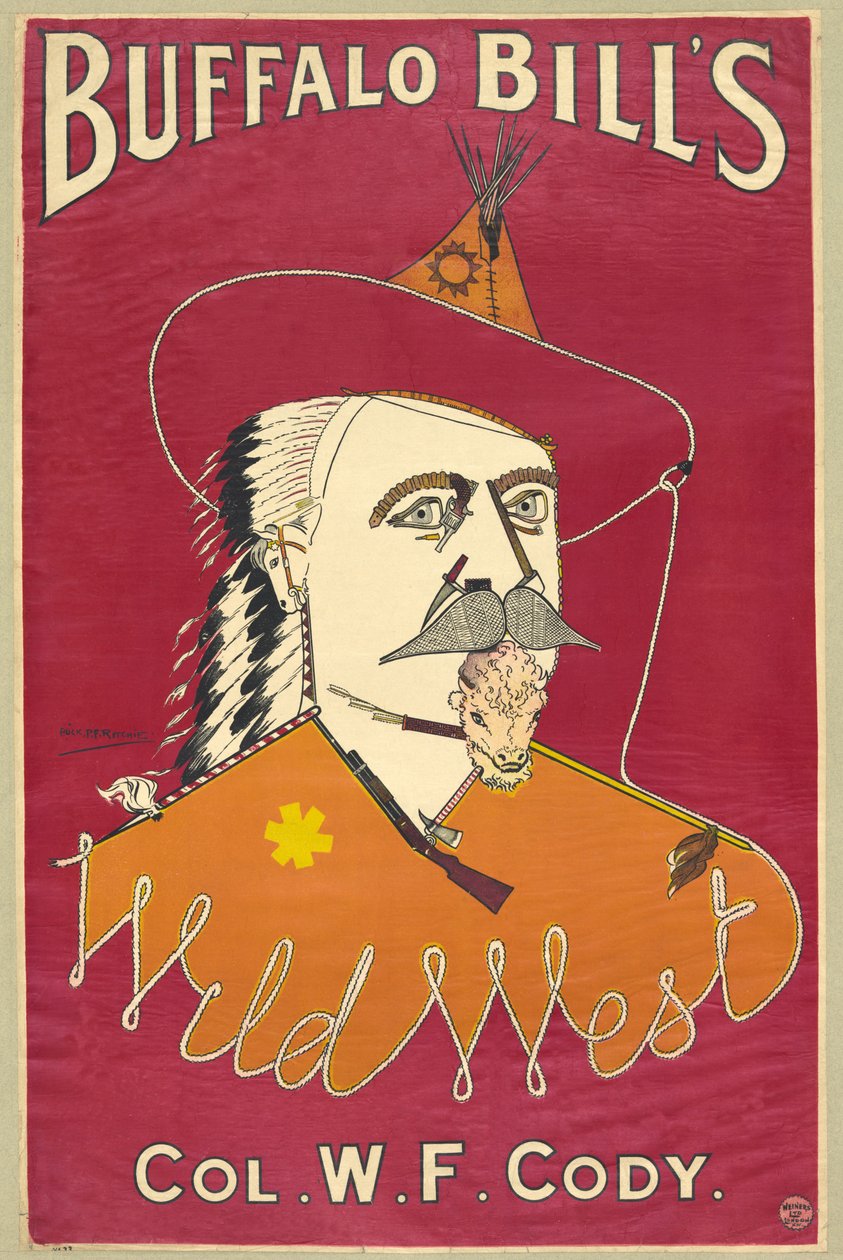 Oeste Selvagem de Buffalo Bill, Coronel WF Cody, publicado em 1890 (cor ithograph) de Alick P. F. Ritchie