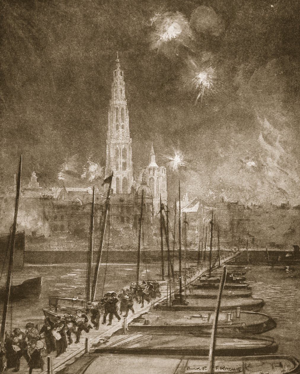 Fugitivos, de, antuérpia, cruzando ponte pontão, sobre, a, scheldt de Alick P. F. Ritchie