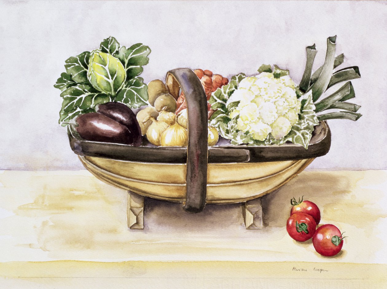 Ainda vida com um trug de legumes, 1996 de Alison Cooper