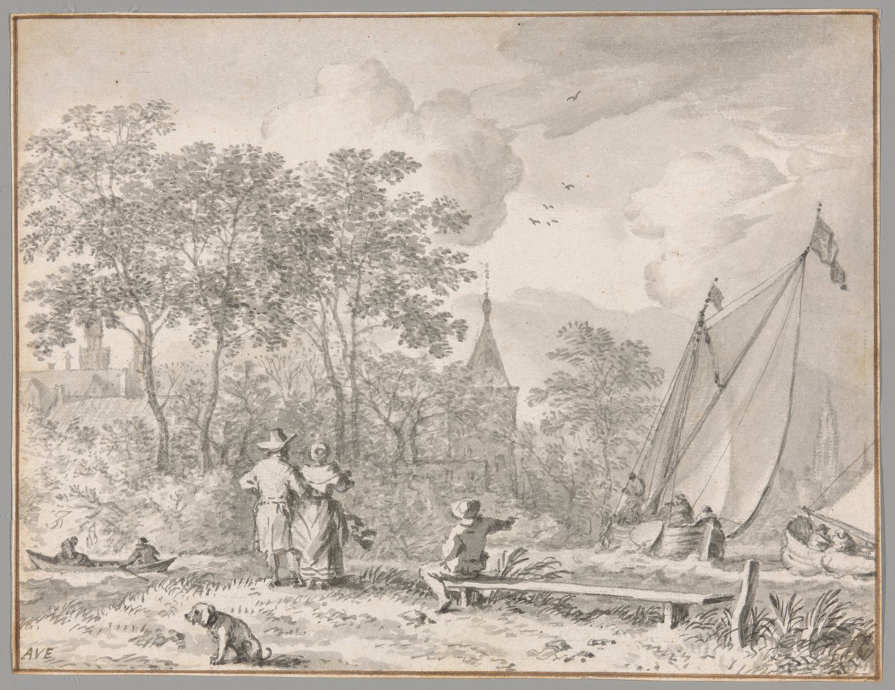 Paisagem com figuras elegantes junto a um rio, com barcos à direita e uma cidade atrás de árvores mais além de Allaert van Everdingen