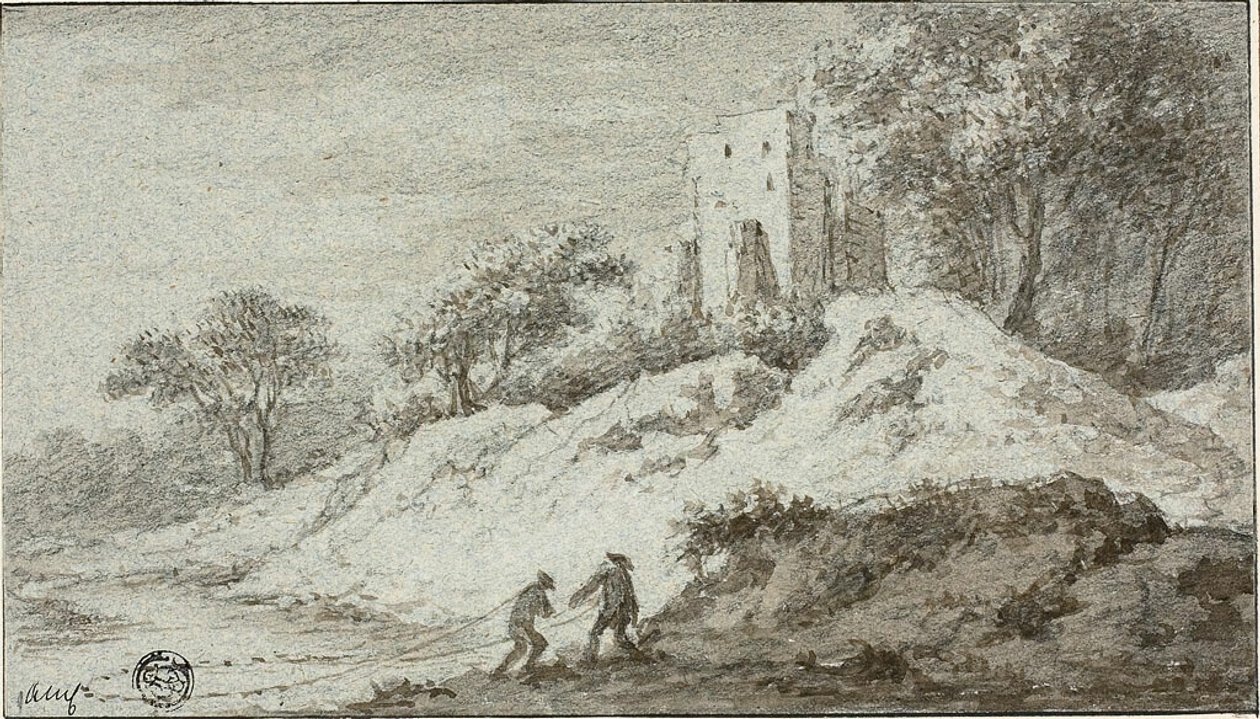 Paisagem com duas figuras e um castelo na colina de Allaert van Everdingen