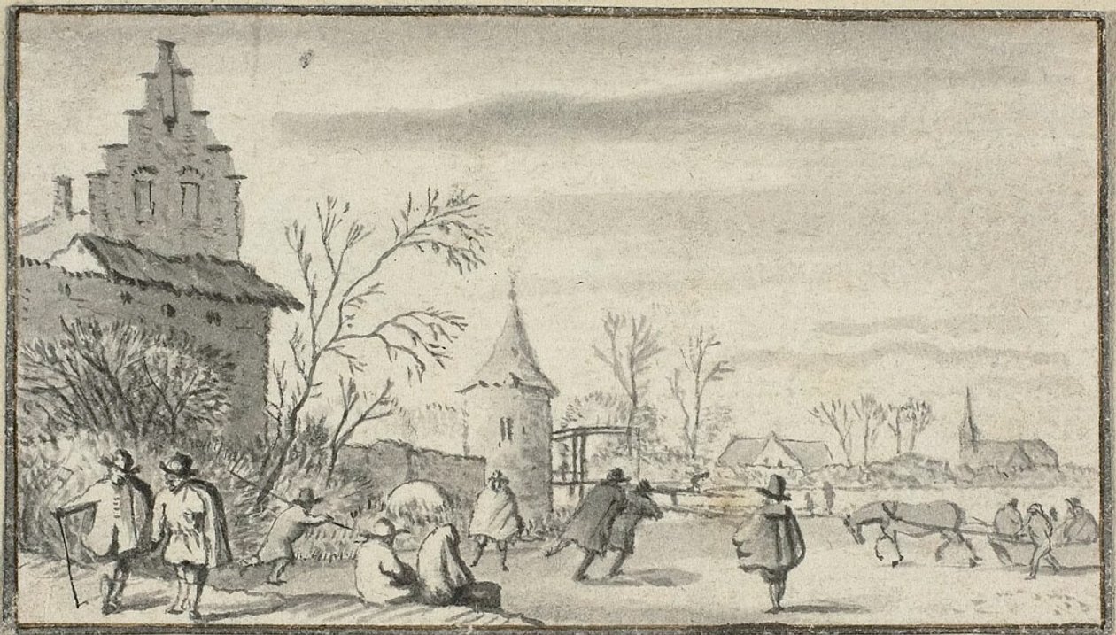 Patinadores no lago fora da cidade de Allaert van Everdingen