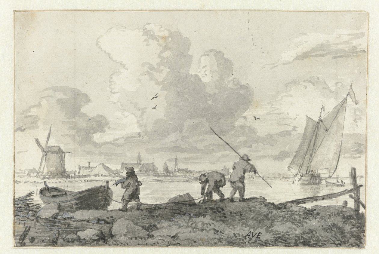 Pescadores com seu barco a remo no Spaarne perto de Haarlem de Allaert van Everdingen