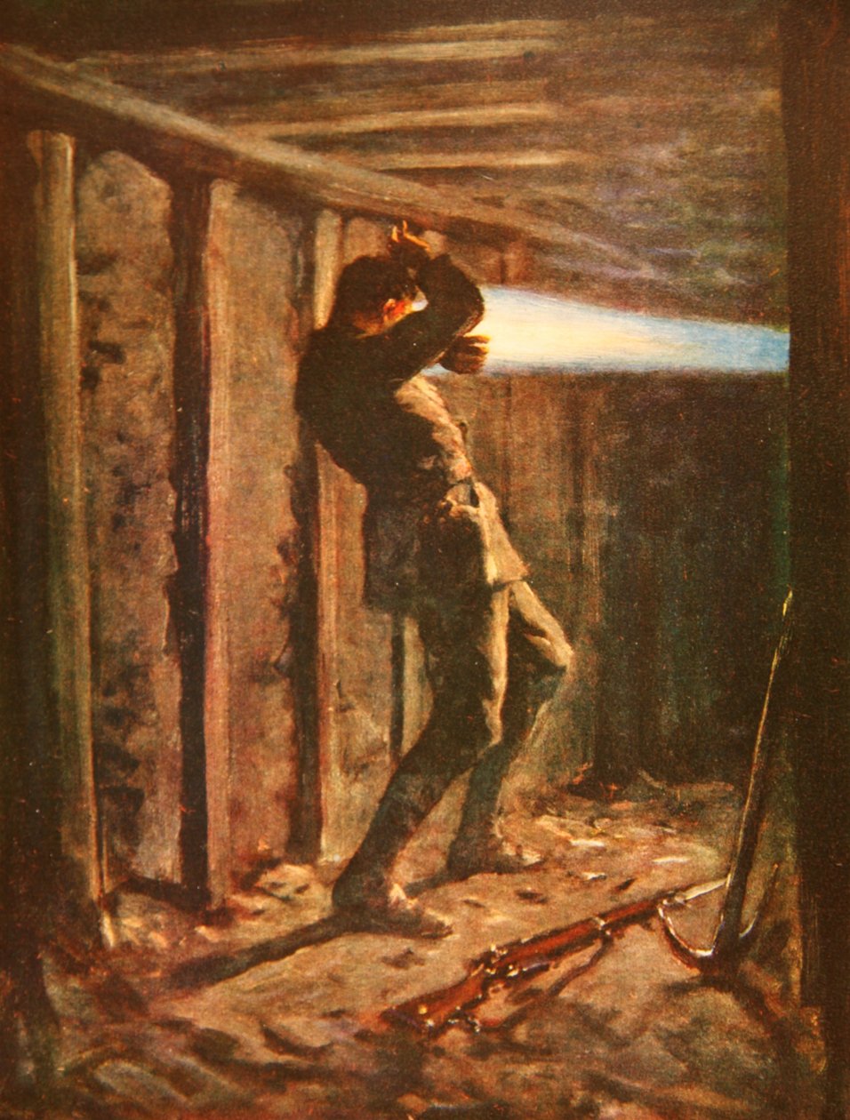 Uma língua de chama azul a disparar do lado inimigo de uma galeria de minas, e a queimar severamente Private Bytheway (cor litho) de Allan Stewart