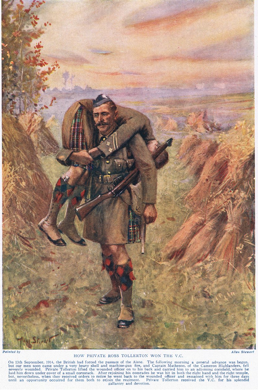 Como o soldado Ross Tollerton ganhou a CV, ilustração de "Deeds That Thrill The Empire", publicado por Hutchinson & Co., c.1920 (cor litho) de Allan Stewart