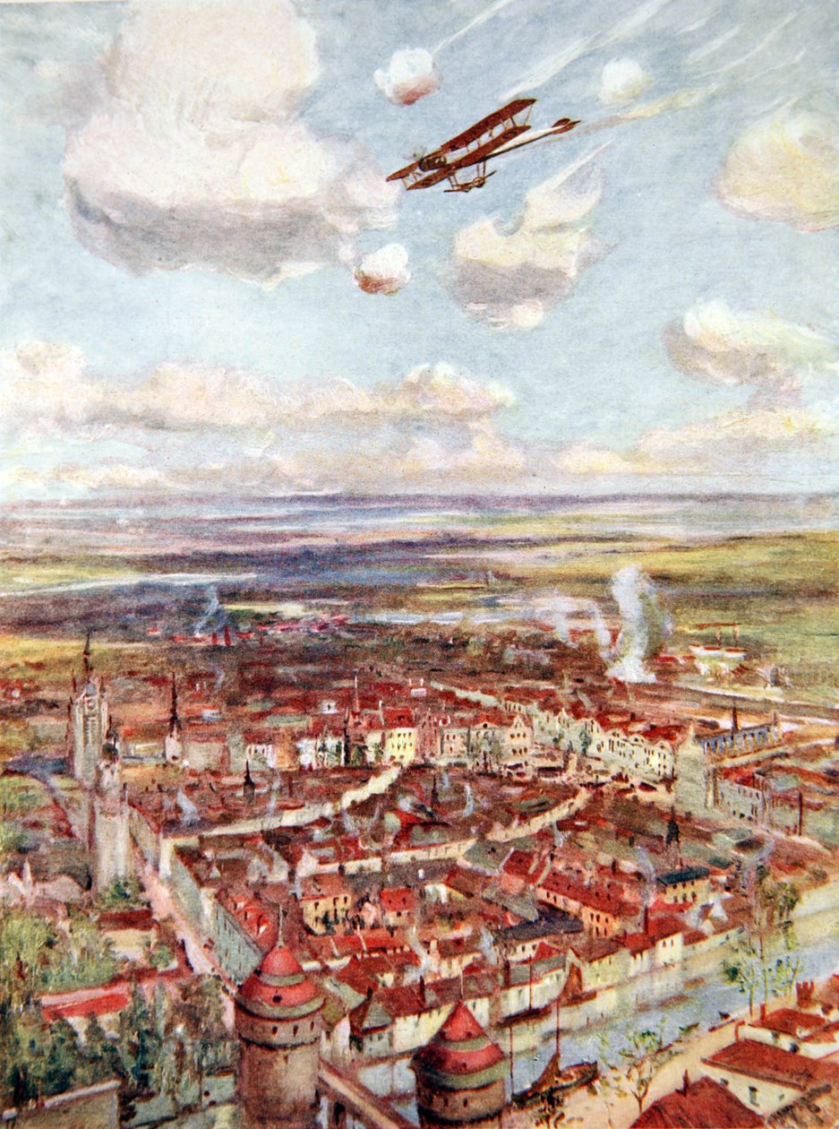 Tenente Rhodes-Moorhouse sobrevoando Courtrai para bombardear o caminho-de-ferro (cor litho) de Allan Stewart