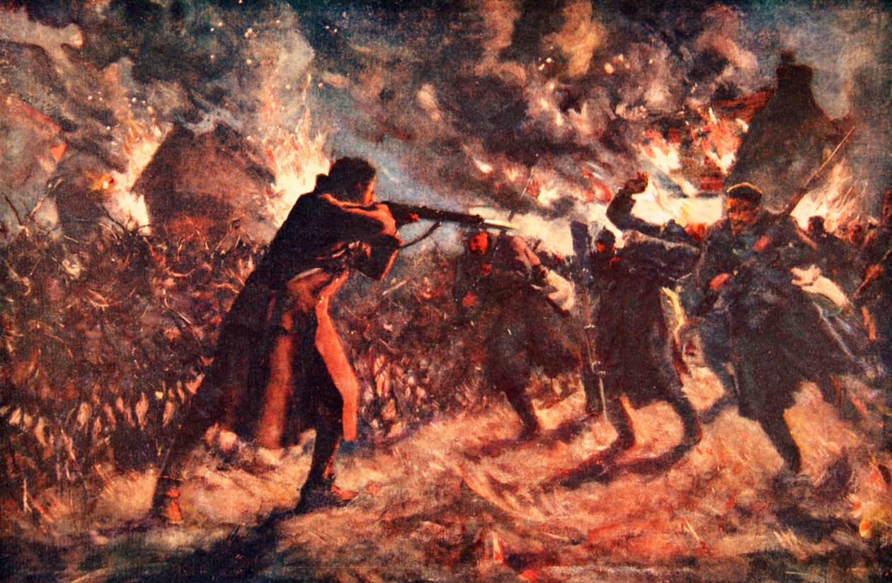 Soldado Meston atacando, sozinho, vários inimigos que estavam avançando, depois de capturar uma trincheira britânica (lito colorido) de Allan Stewart