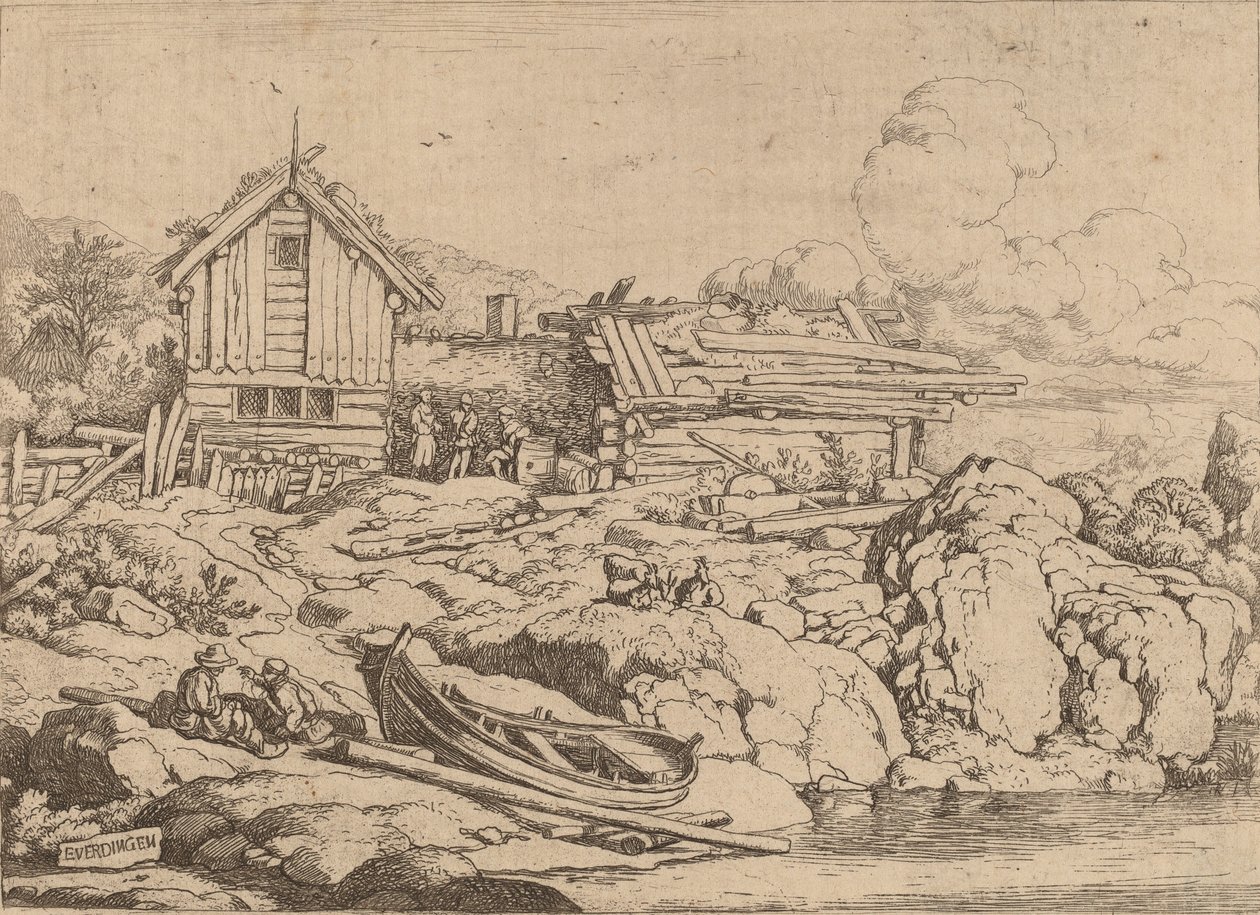 Barco na margem do rio com três cabras, provavelmente c. 16451656. de Allart van Everdingen