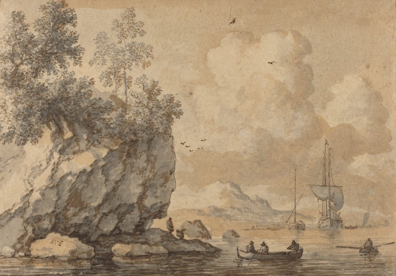 Figuras em barcos a remo em uma enseada rochosa, veleiros além. de Allart van Everdingen