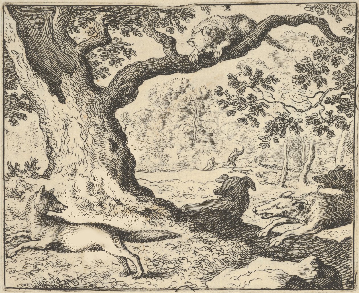 Seguindo a história falsa de Renard, seu pai é perseguido por cães de caça de Hendrick van ..., 1650-75. de Allart van Everdingen