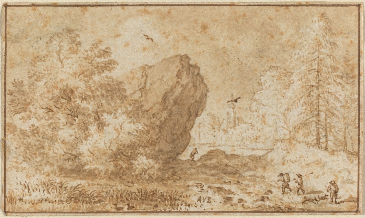 Paisagem com grande rocha. de Allart van Everdingen