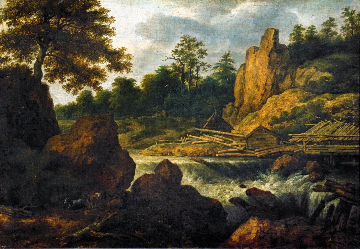 Paisagem com serração (óleo sobre tela) de Allart van Everdingen
