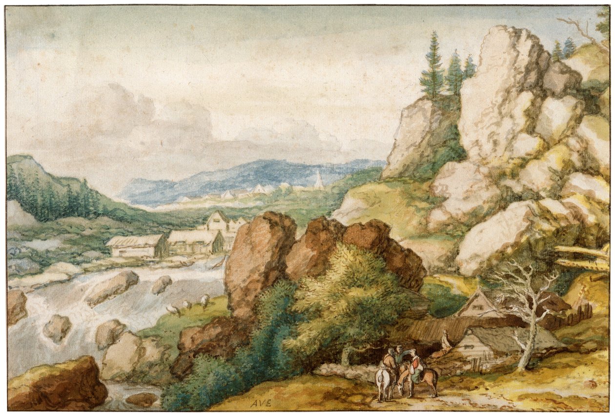 Paisagem com três cavaleiros, século XVII de Allart van Everdingen
