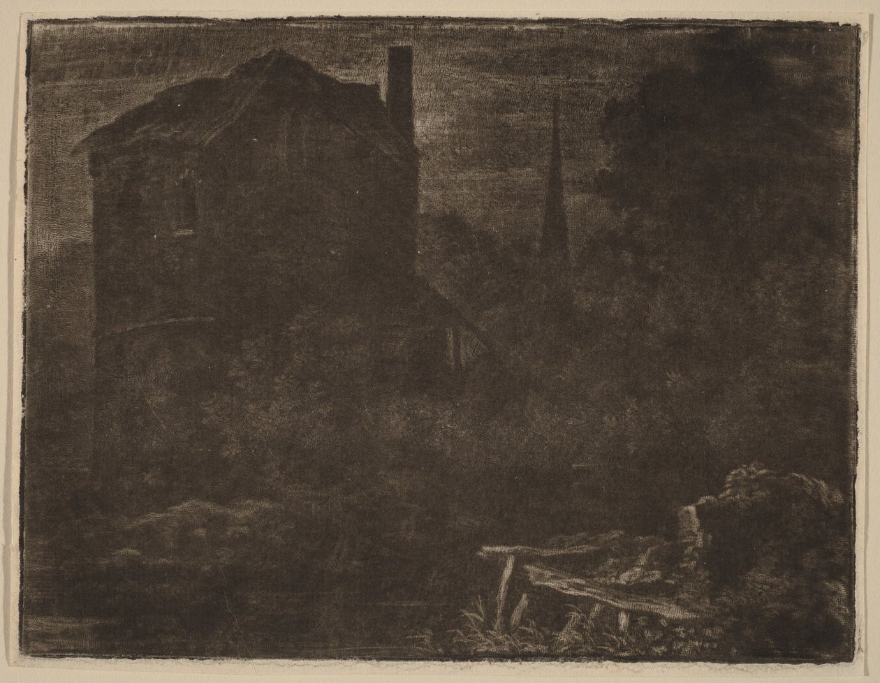 Paisagem nocturna com casa e torre de igreja de Allart van Everdingen