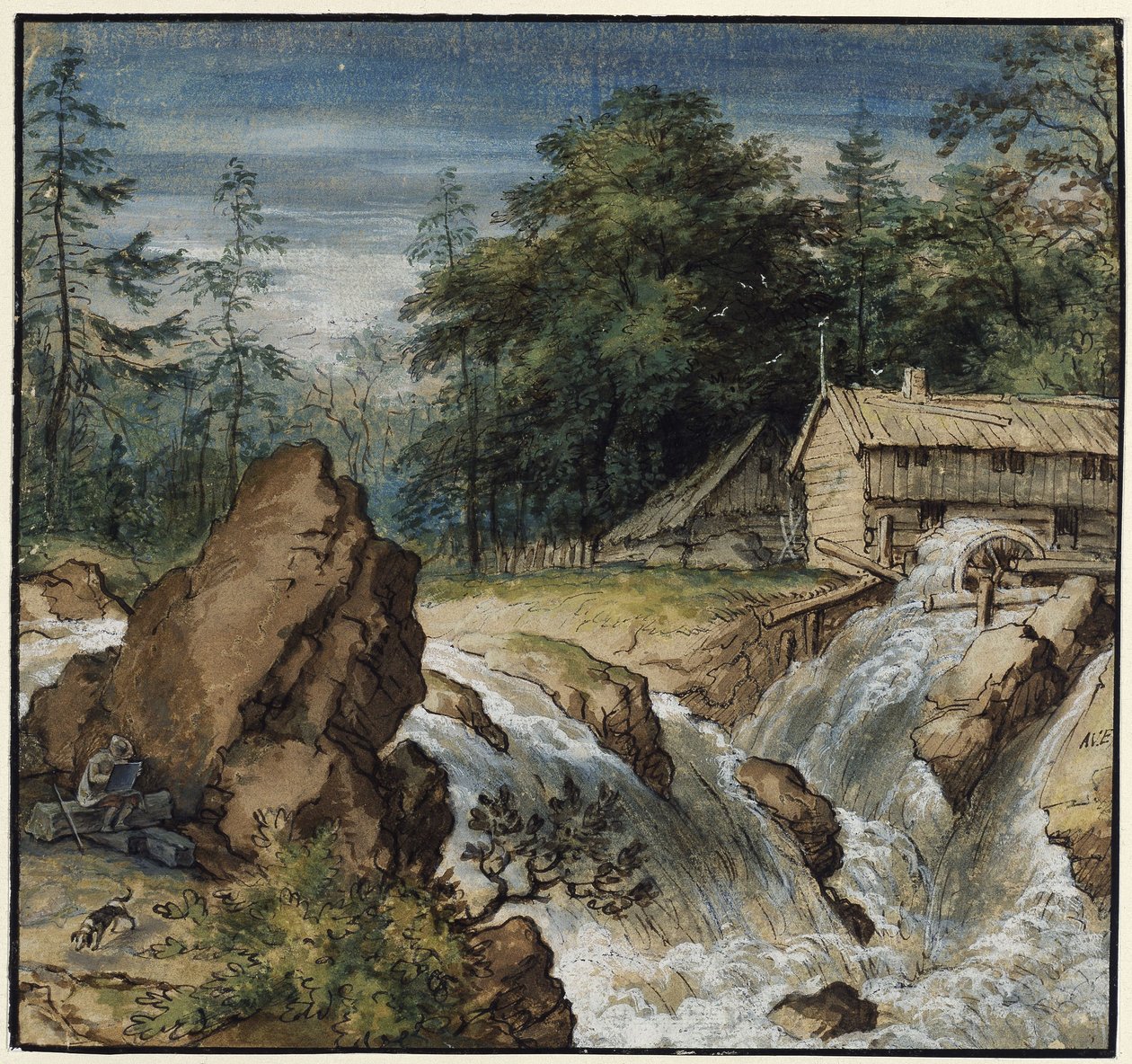 Paisagem nórdica com um desenhador junto a uma cascata de Allart van Everdingen