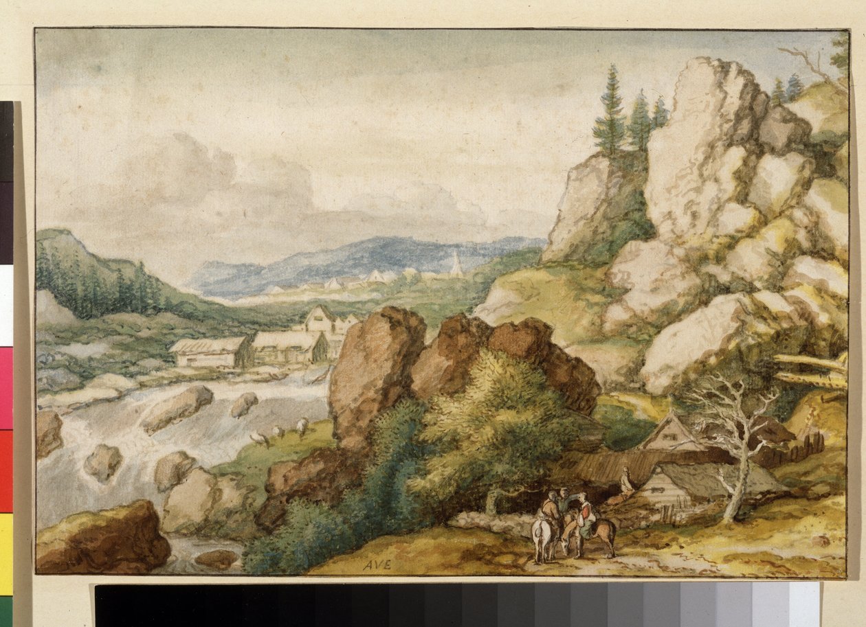 "Paysage aux trois cavaliers" (Paisagem com três cavaleiros) Aquarelle de Allaert Pietersz van Everdingen (1621-1675) Musee Pouchkine, Moscou de Allart van Everdingen