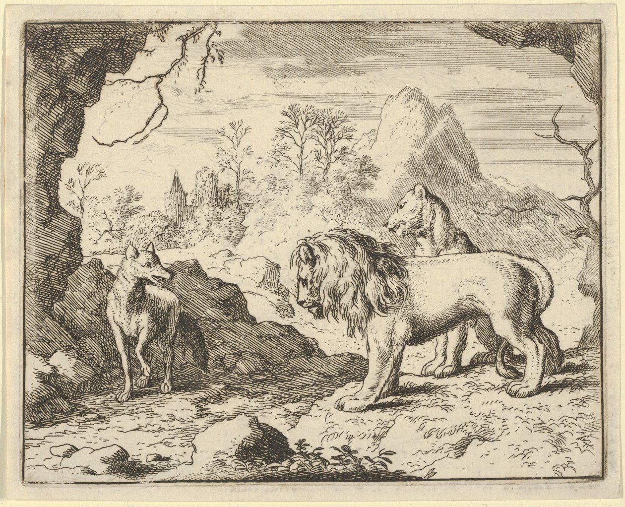 Renard convence o leão e a leoa de encontrar um tesouro que seu pai roubou deles ..., 1650-75. de Allart van Everdingen