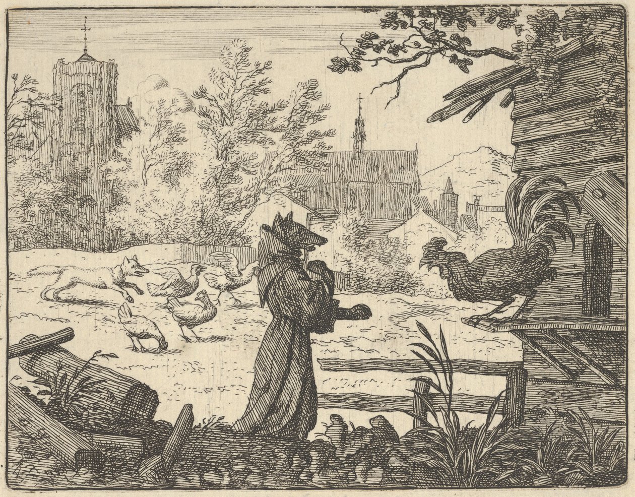 Renard, disfarçado de monge, ganha a confiança do galo, 1650-75. de Allart van Everdingen