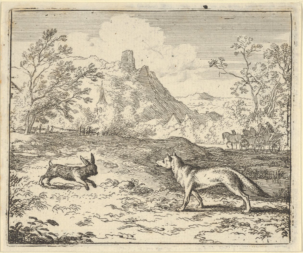Renard mente que o coelho insultou um de seus filhos, 1650-75. de Allart van Everdingen