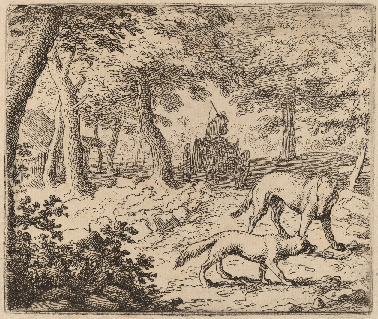 Reynard e o Lobo antes do Carrinho de Peixe de Allart van Everdingen