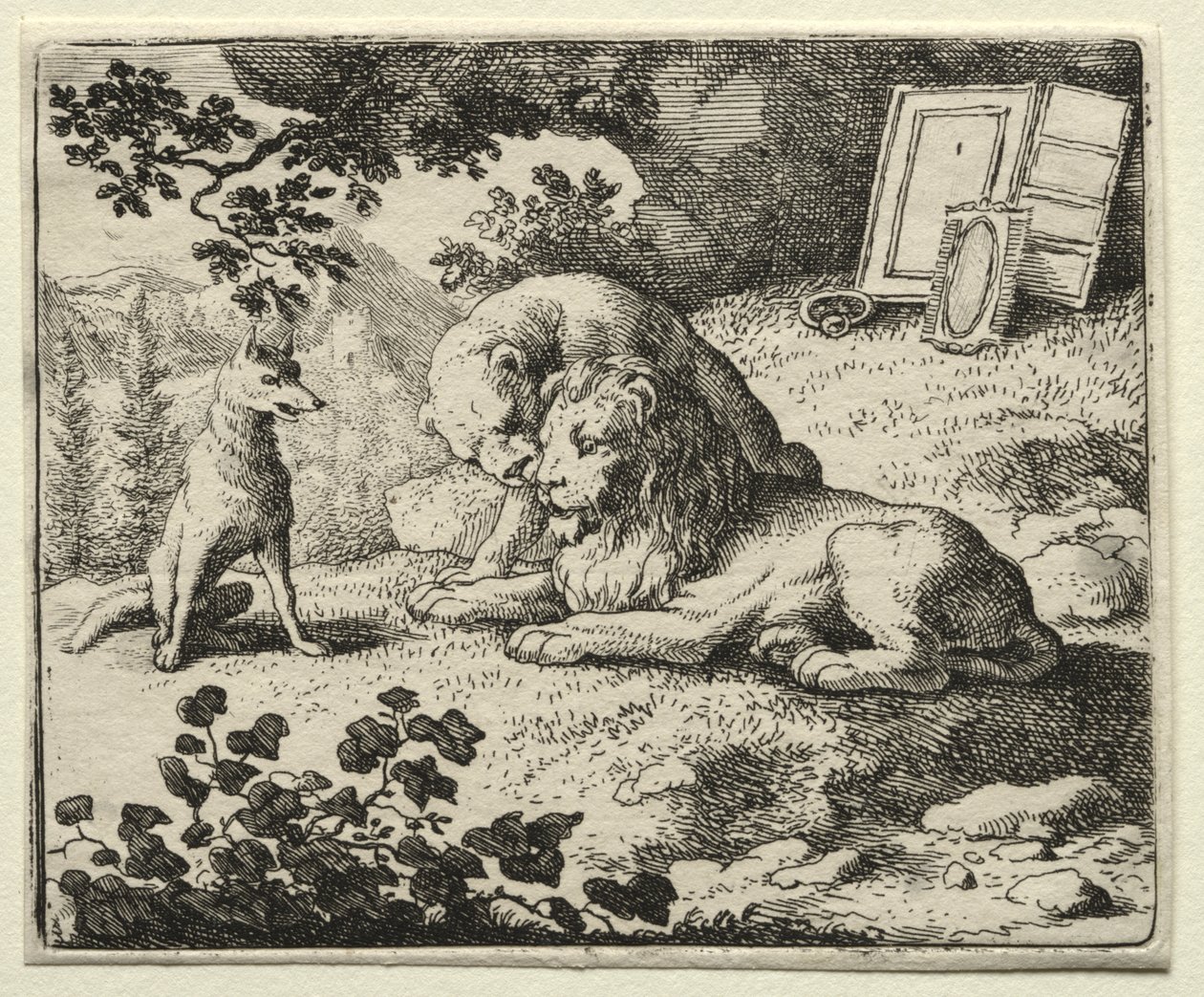 Reynard the Fox: Reynard promete presentes para o leão de Allart van Everdingen