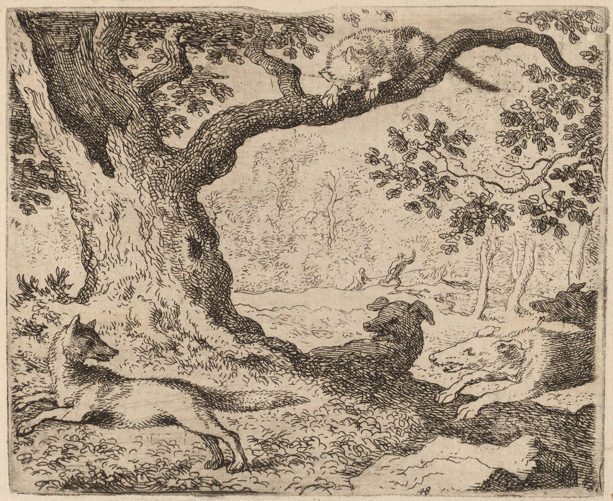 O pai de Reynard e o gato perseguido por cães de Allart van Everdingen