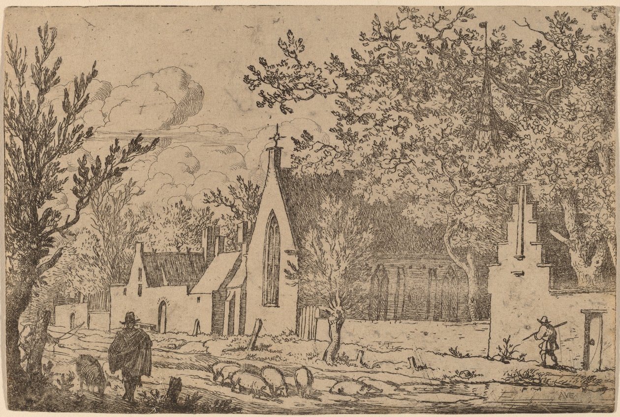 Rebanho de suínos perto de uma capela, provavelmente c. 16451656. de Allart van Everdingen