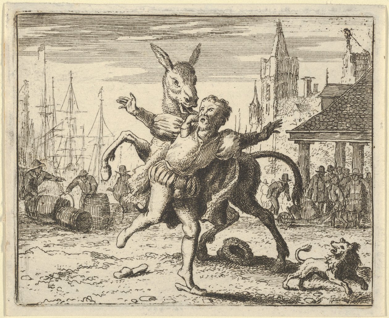 O burro, invejoso da atenção que o cão recebe de seu dono, procura imitar..., 1650-75. de Allart van Everdingen