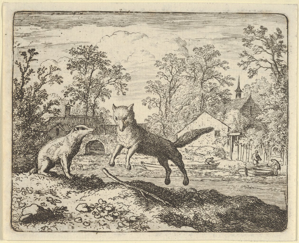 O texugo impõe como punição pular três vezes sobre uma vara no chão, 1650-75. de Allart van Everdingen