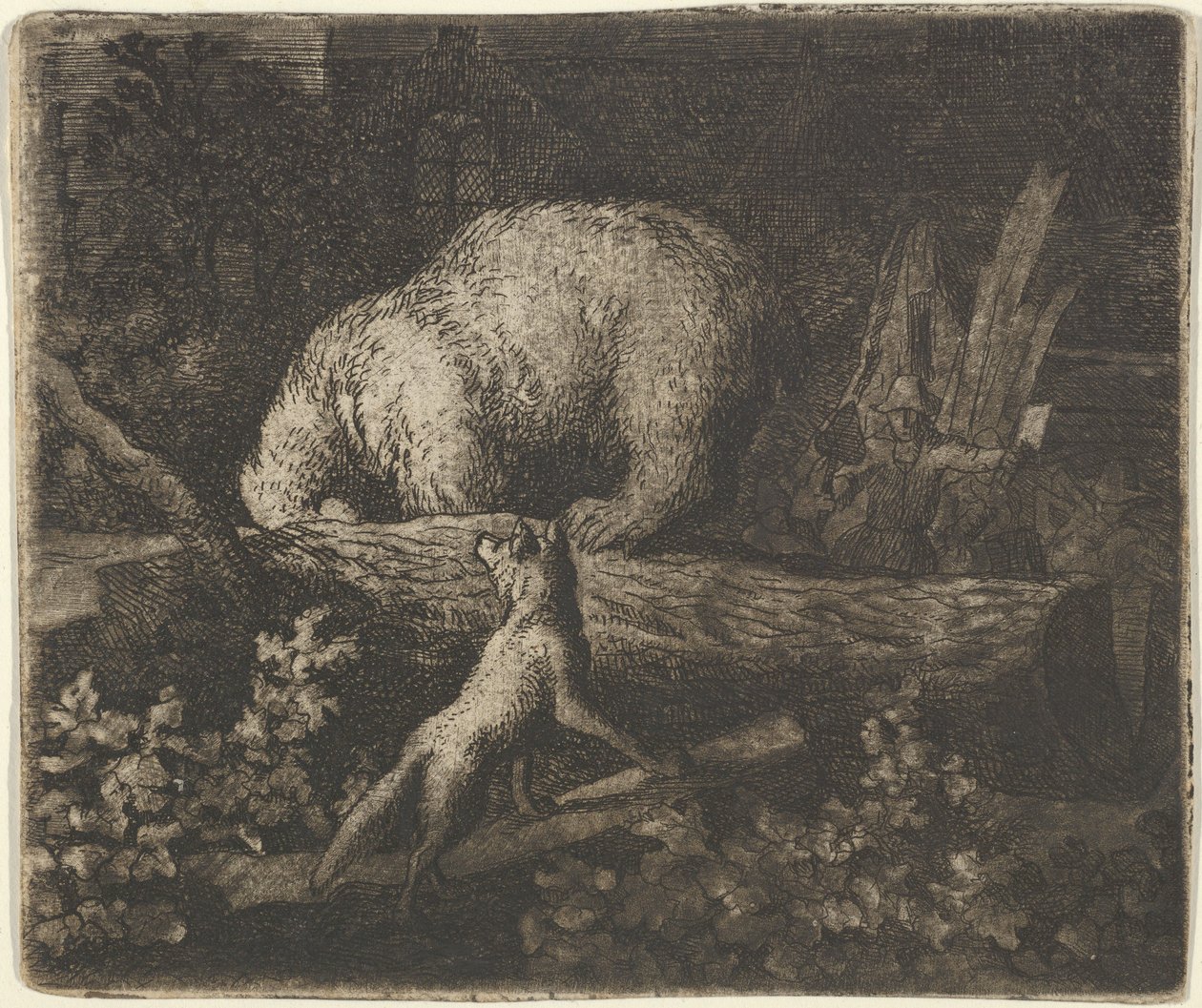 O urso com seu focinho e patas dianteiras preso no tronco de uma árvore, meados do século 17. de Allart van Everdingen