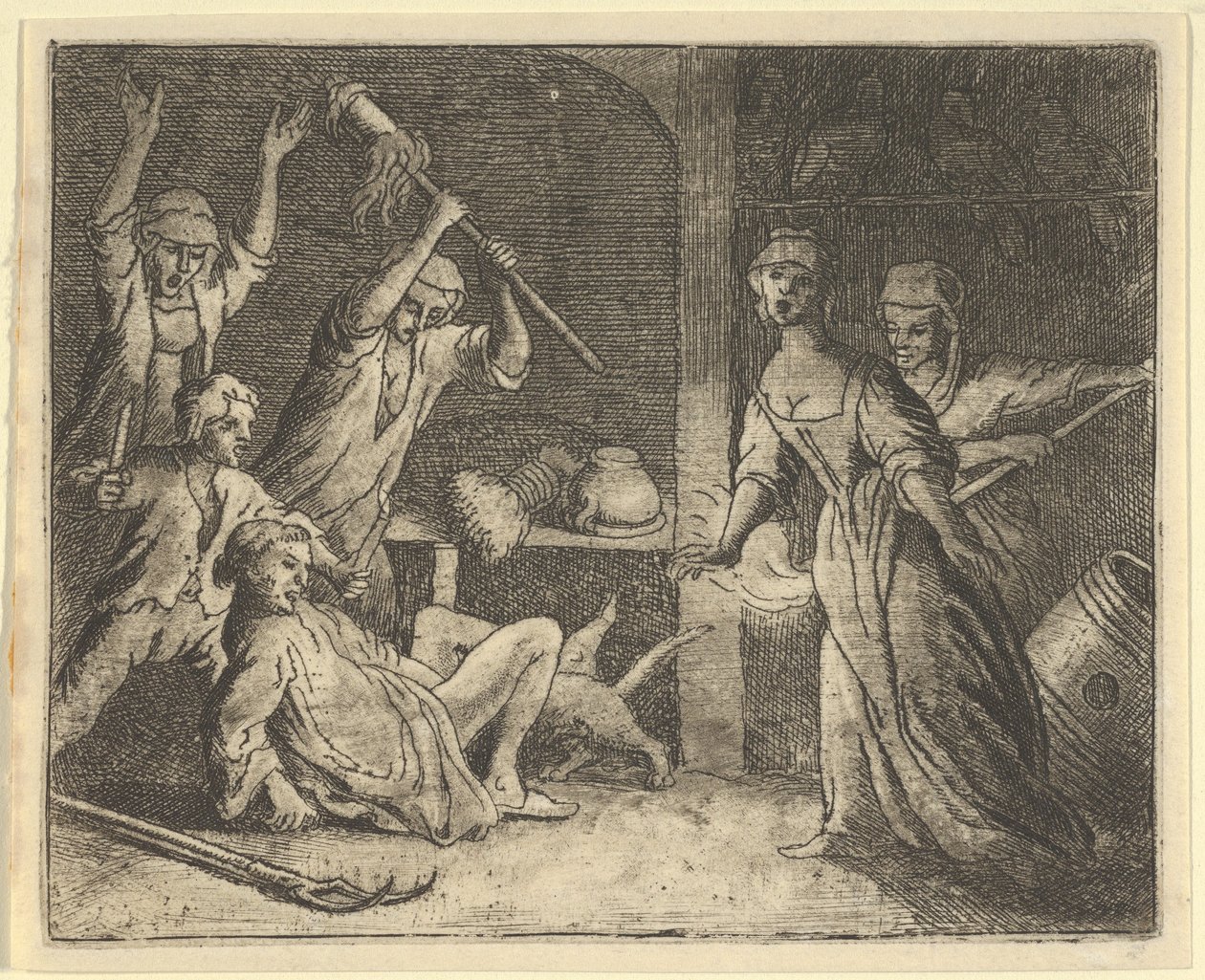 O gato, pego em uma armadilha, é maltratado pelas pessoas da casa, 1650-75. de Allart van Everdingen