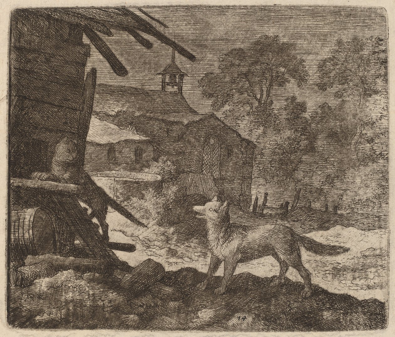 O gato entra no celeiro enquanto Reynard observa, provavelmente c. 16451656. de Allart van Everdingen