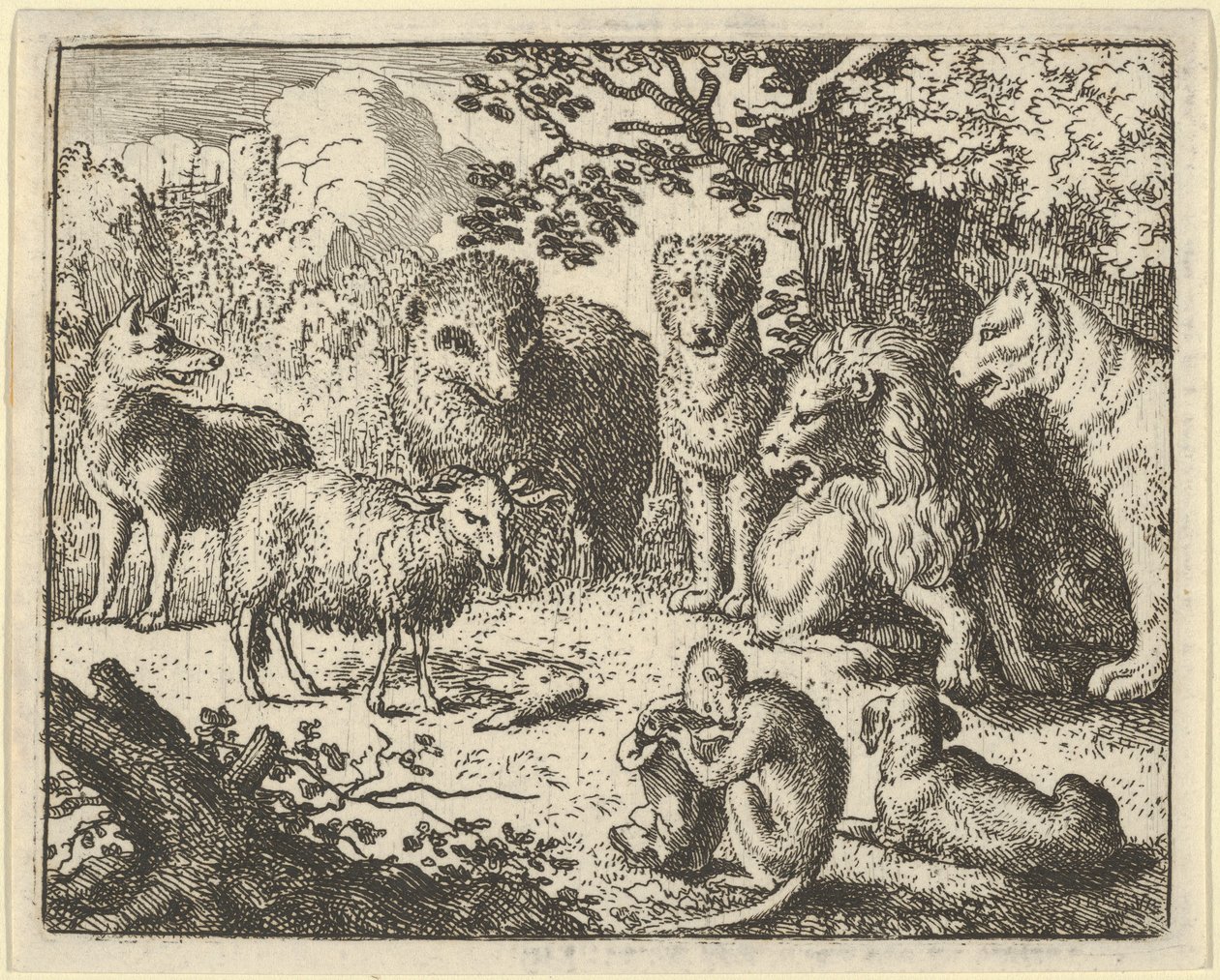 O macaco abre o pacote e remove a cabeça do coelho para a grande surpresa do..., 1650-75. de Allart van Everdingen