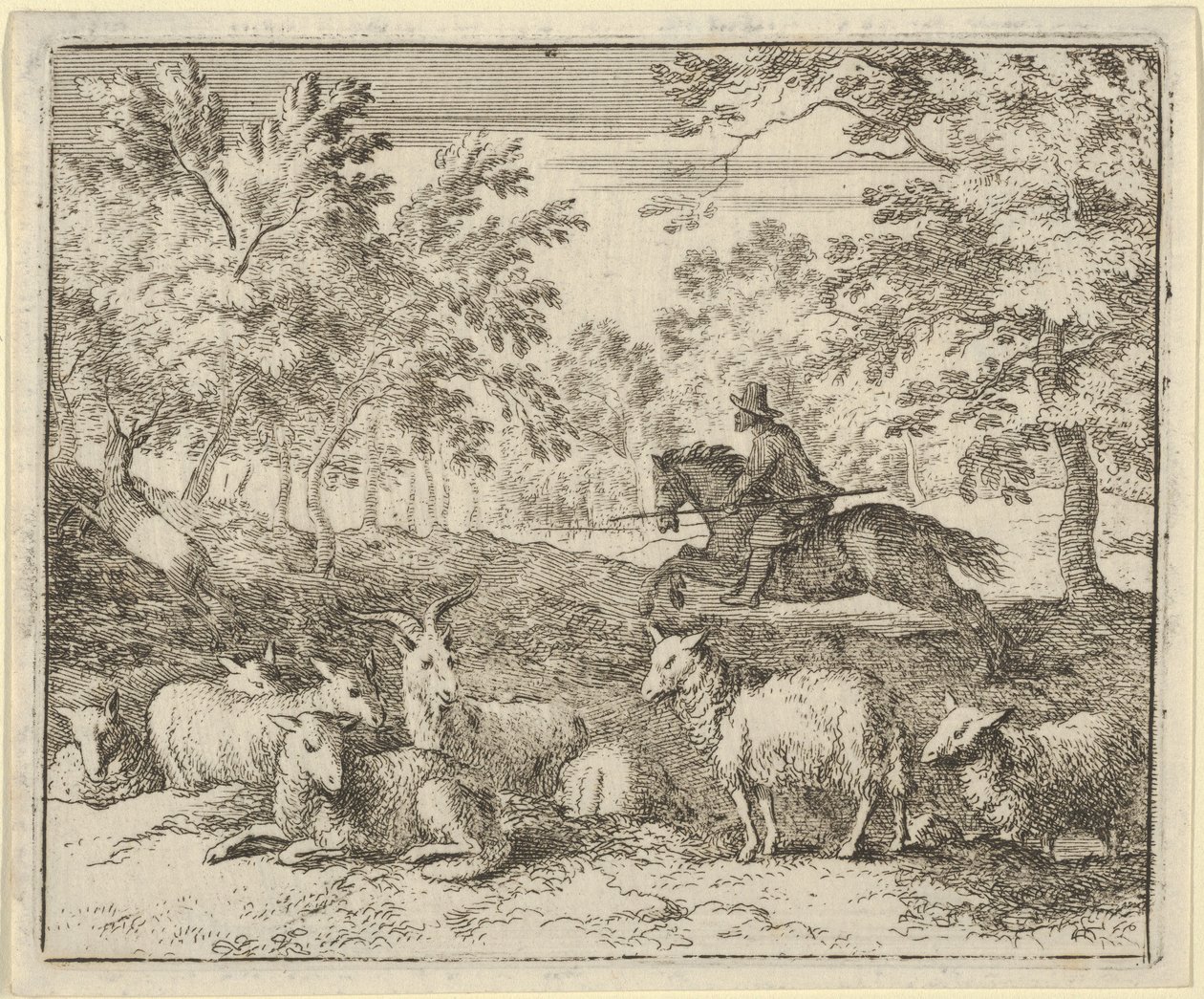 O pastor a cavalo persegue o cervo, 1650-75. de Allart van Everdingen