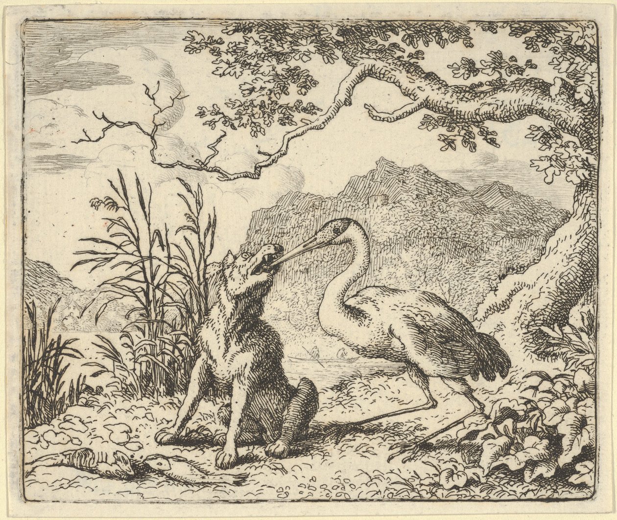 A cegonha remove um osso da garganta do lobo de Renard The F..., de Hendrick van Alcmar, 1650-75. de Allart van Everdingen