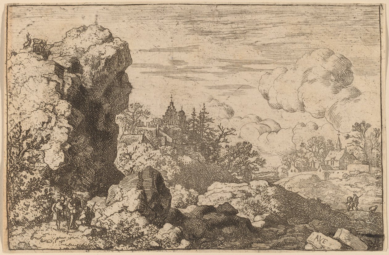 Três viajantes ao pé de uma rocha alta, provavelmente c. 16451656. de Allart van Everdingen
