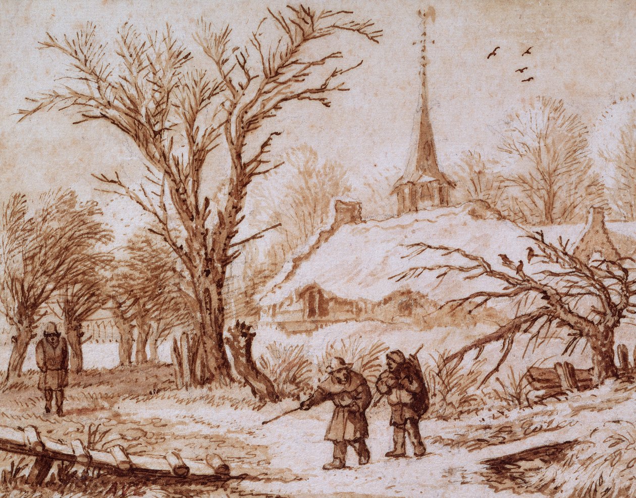 Viajantes numa estrada perto de uma Aldeia no Inverno (giz, caneta, tinta e lavagem) de Allart van Everdingen