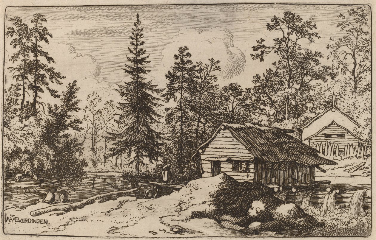 Mulher em uma paisagem fluvial olhando para um barco, provavelmente c. 16451656. de Allart van Everdingen