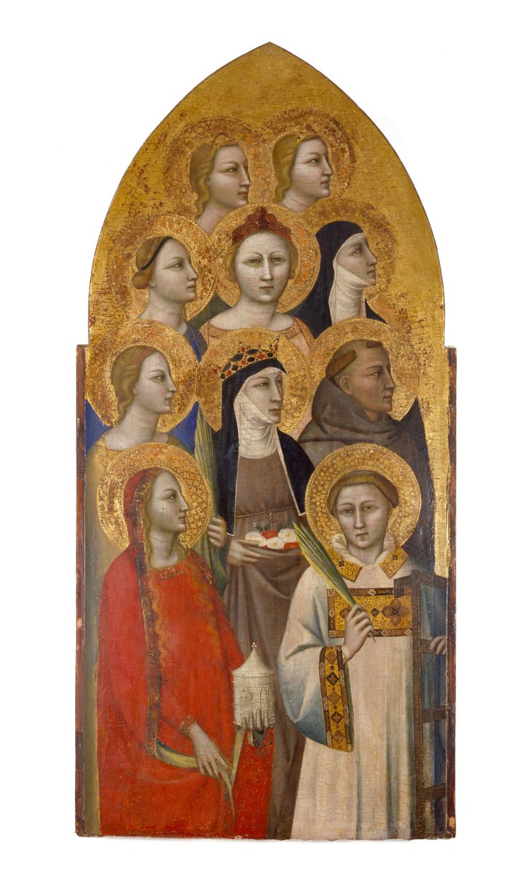 Santos e Anjos, c.1370 (têmpera e folha de ouro na madeira) de Allegretto Nuzi