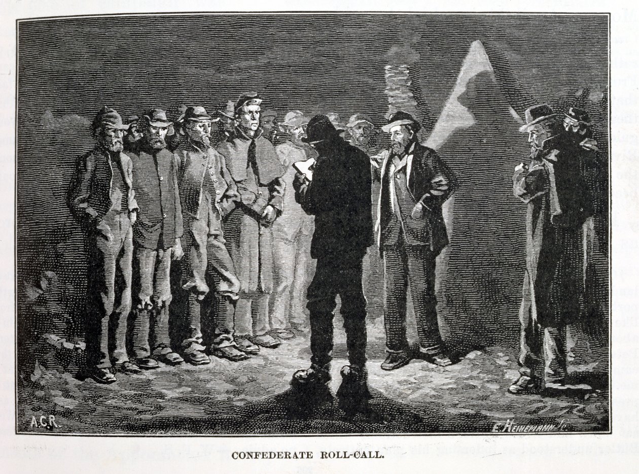 Roll-call confederado, gravado por Ernst Heinemann (1848-1912), ilustração de "Batalhas e líderes da Guerra Civil", editado por Robert Underwood Johnson e Clarence Clough Buel de Allen Carter Redwood