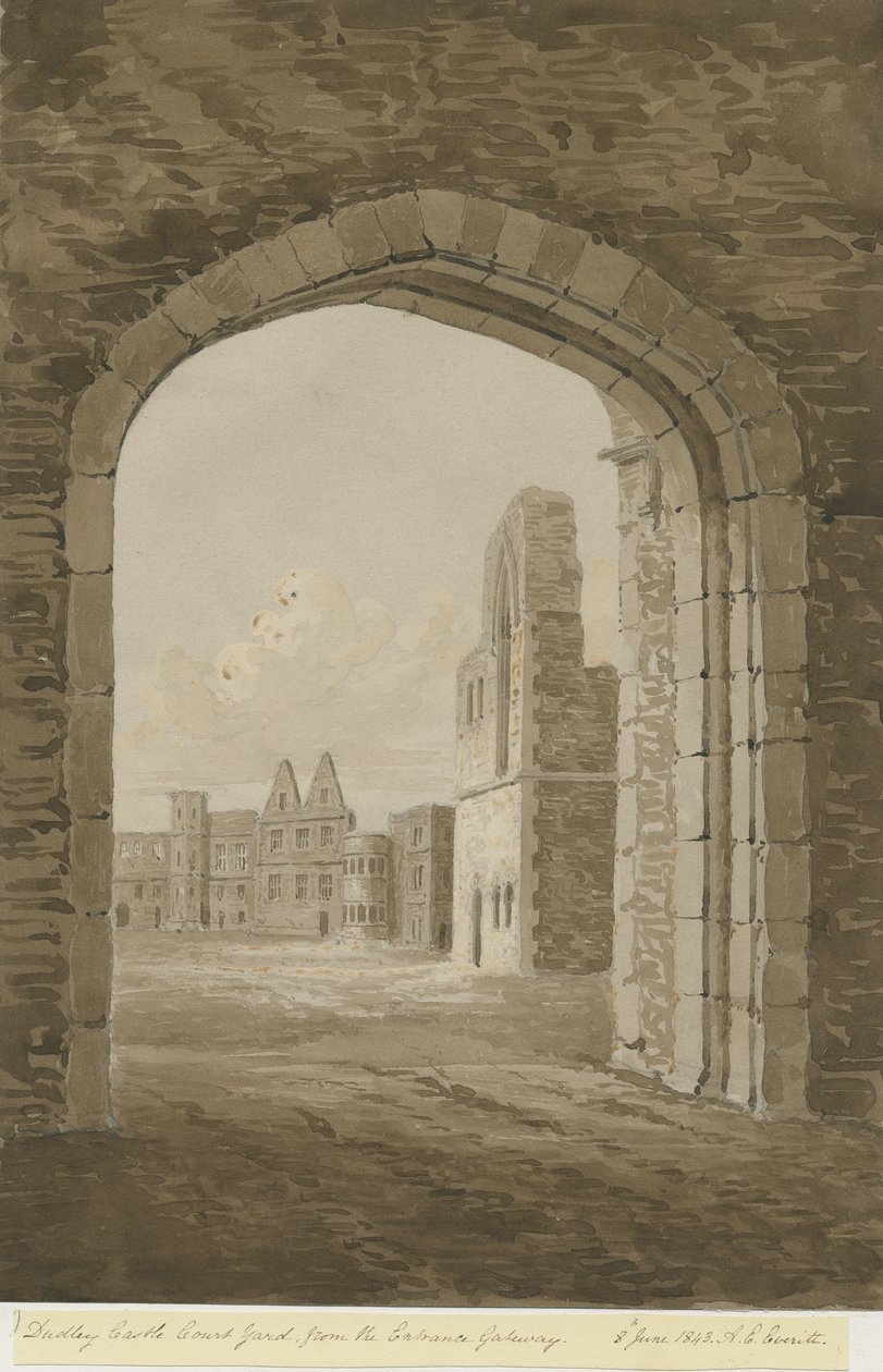 Dudley Castle - The Keep: desenho em sépia vermelha, 8 de junho de 1843 de Allen Edward Everitt
