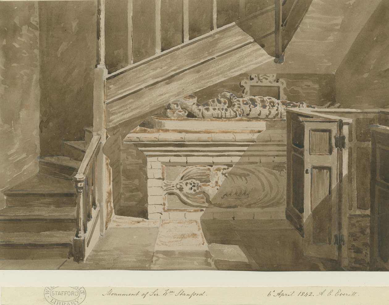 Handsworth - Monumento a Sir William Stanford: desenho em sépia, 6 de abril de 1842 de Allen Edward Everitt