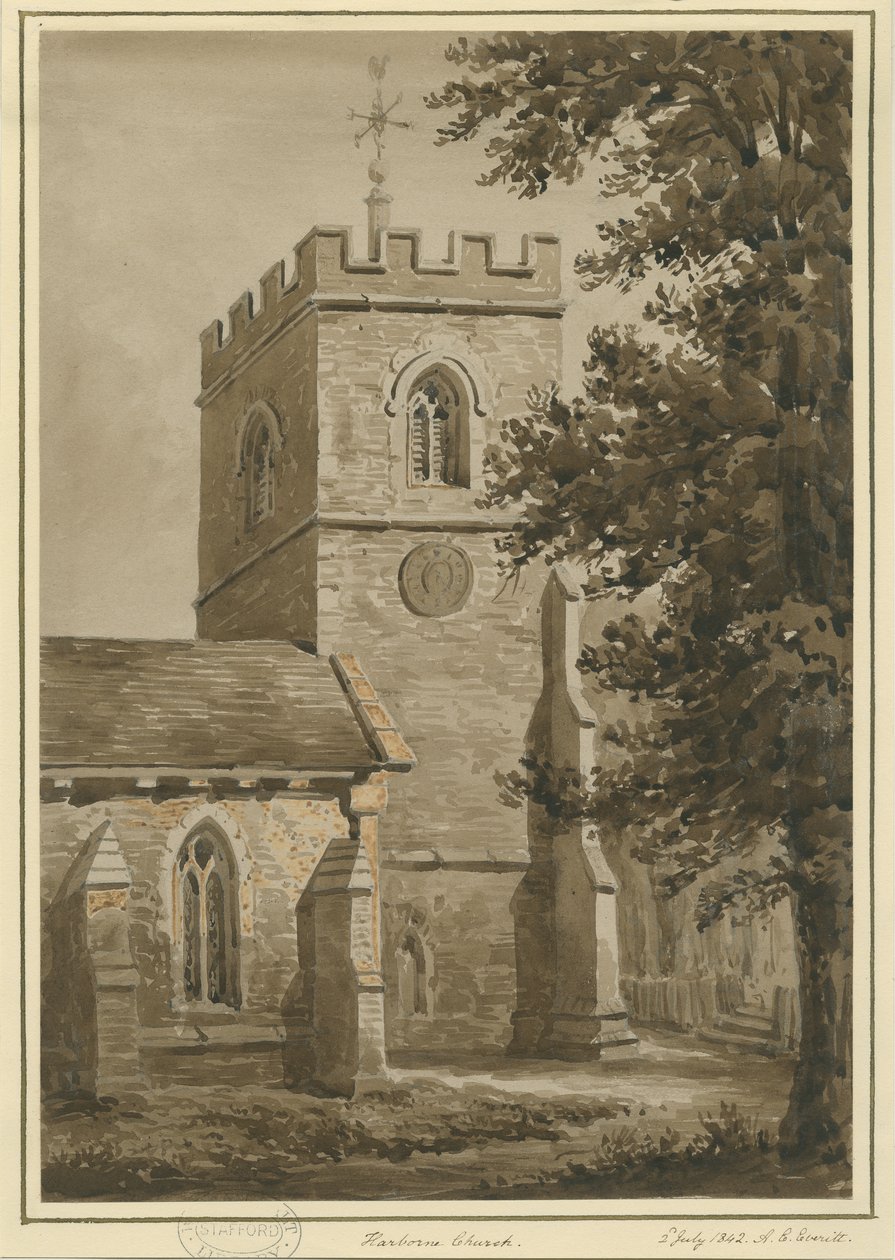 Igreja de Harborne: desenho em sépia vermelho, 2 de julho de 1842 de Allen Edward Everitt