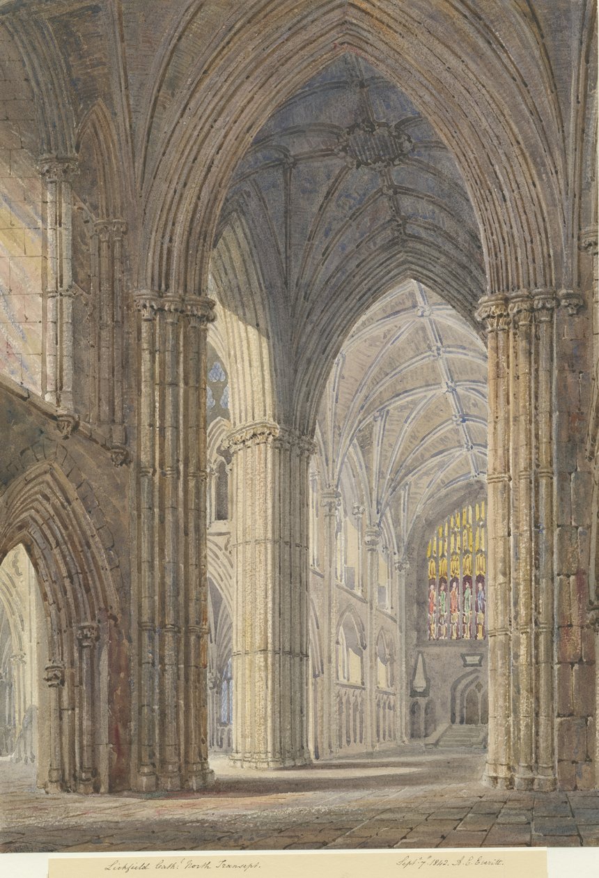 Interior da Catedral de Lichfield - North Transept: pintura em aquarela, 7 de setembro de 1842 de Allen Edward Everitt
