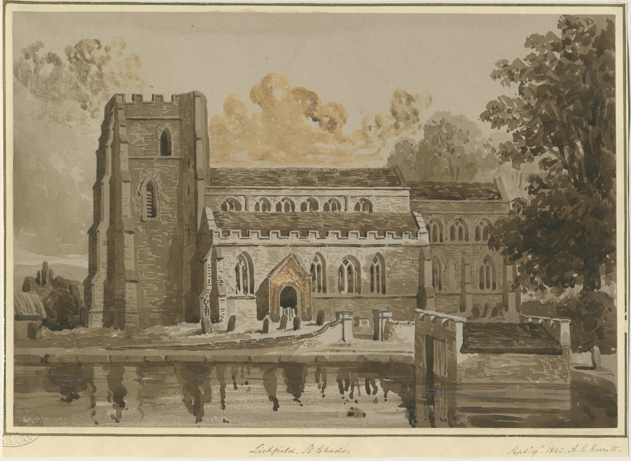 Lichfield - Igreja de São Chade: desenho da sépia vermelha, 9 Set 1842 (desenho) de Allen Edward Everitt