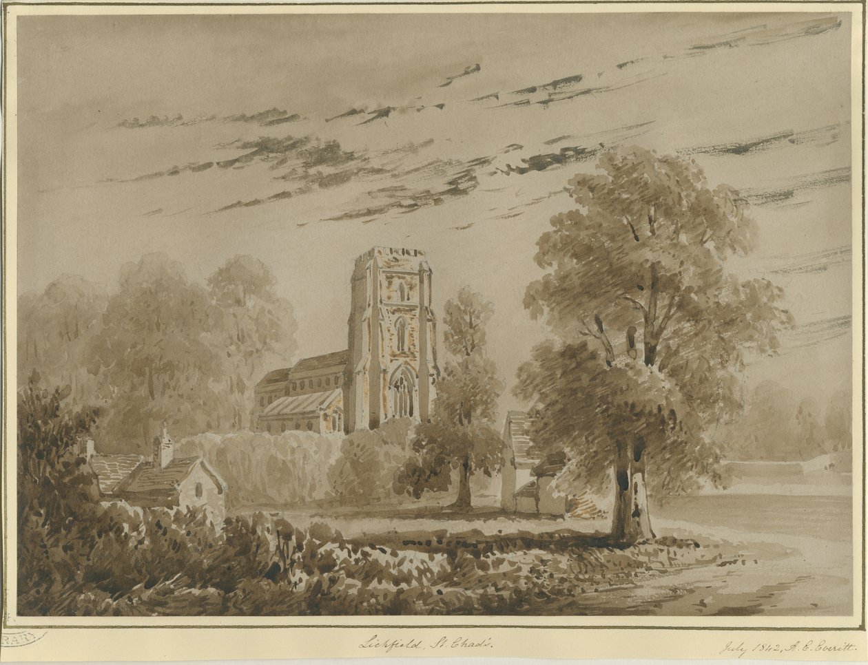 Lichfield - Igreja de São Chade: desenho da sépia vermelha, Jul 1842 (desenho) de Allen Edward Everitt
